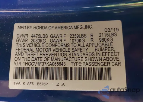 2019 Honda Accord Sport from USA, damaged, VIN 1HGCV1F37KA065643